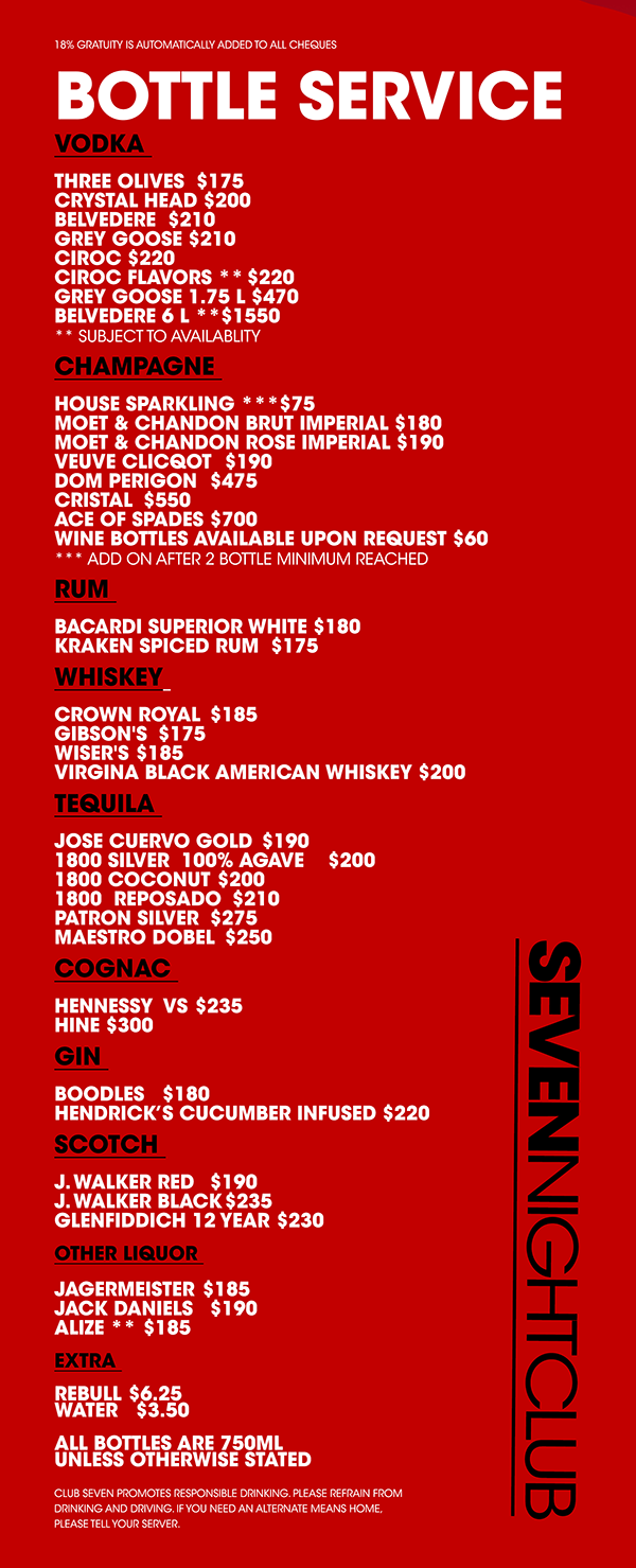Club Se7en Bottle Service Menu Club Se7en Bottle Service Menu